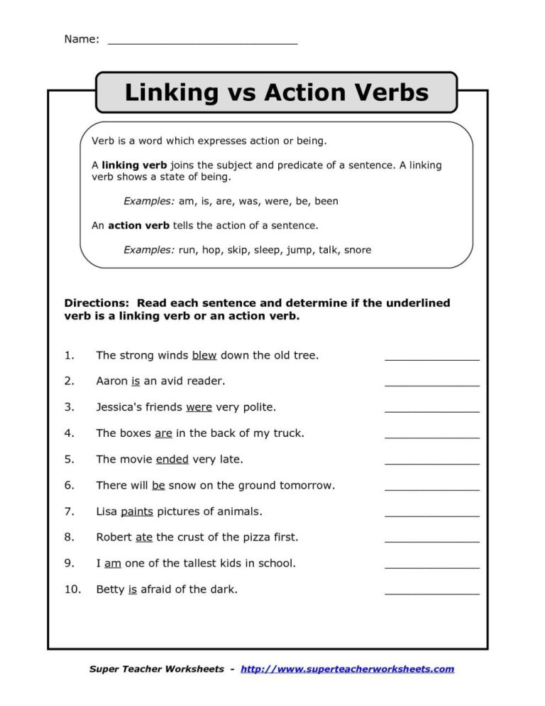3rd Grade Linking Verbs Worksheet