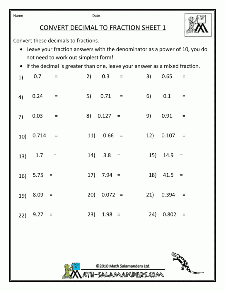 7th Grade Fractions To Decimals Worksheet With Answers
