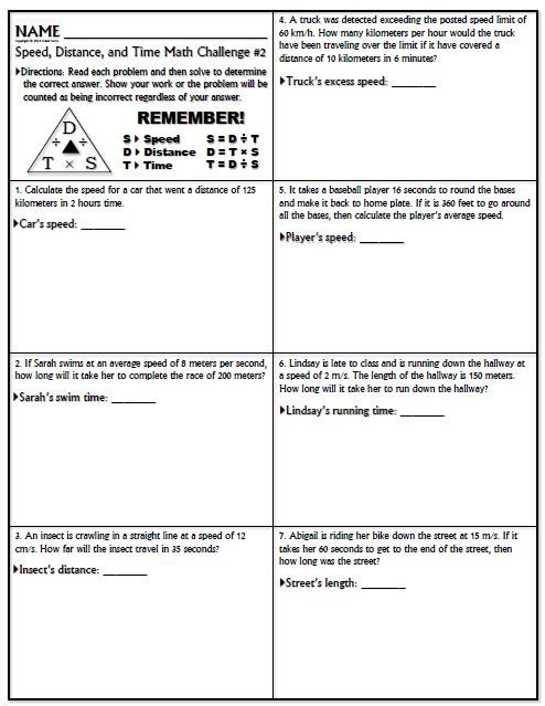 Grade 7 Speed Distance Time Questions Worksheet