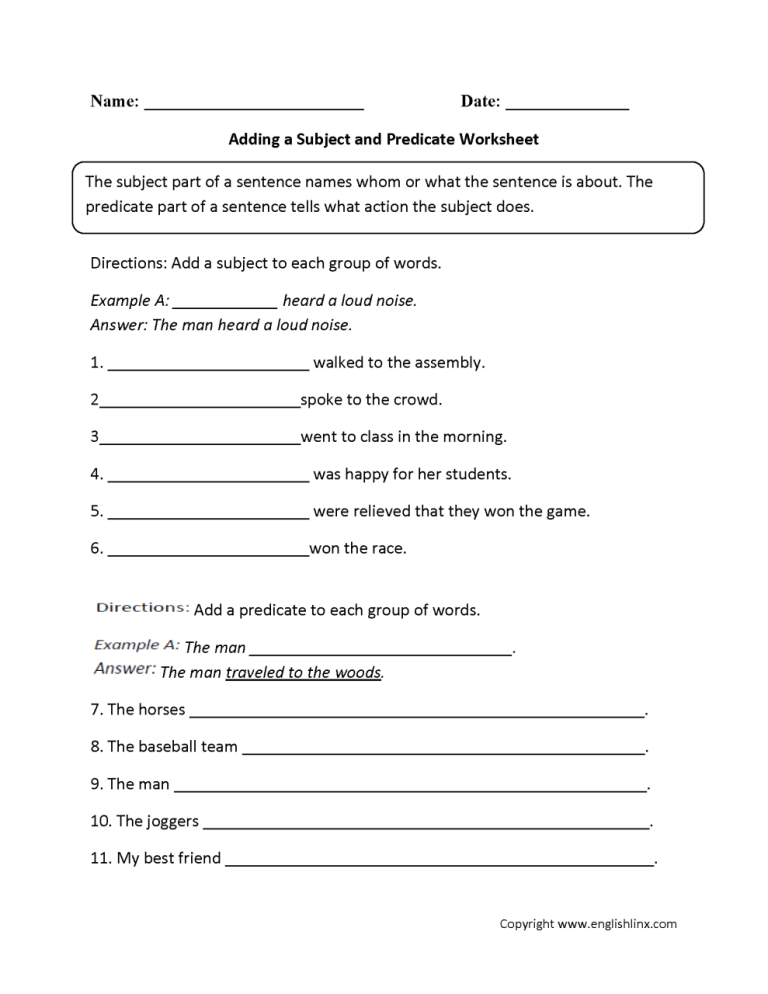 1st Grade Subject And Predicate Worksheet Pdf