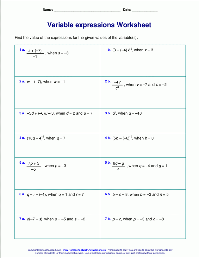 Answer Key Algebraic Expressions Worksheets 7th Grade With Answers