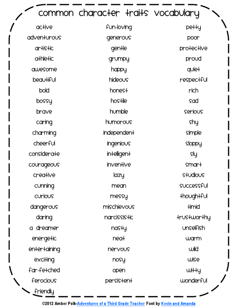 2nd Grade Printable Character Traits Worksheet