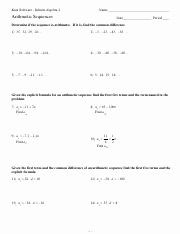 Arithmetic And Geometric Sequences Worksheet Answer Key Algebra 2