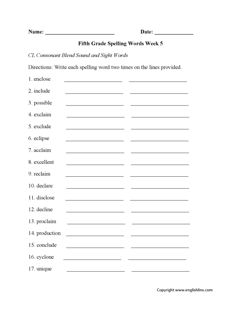 5th Grade Printable English Worksheets