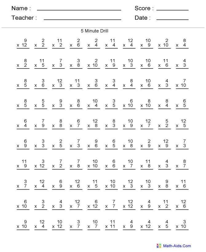 100 Problem Multiplication Free Multiplication Timed Test Printable 0-12
