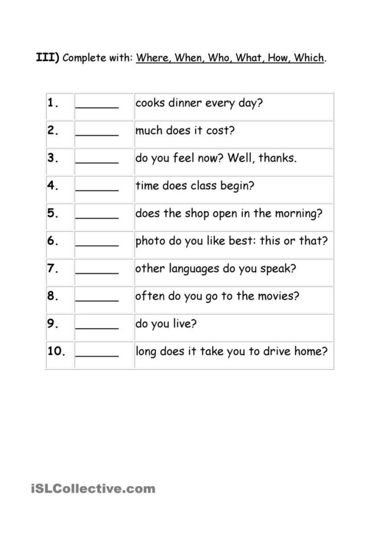 Kindergarten Wh Question Words Worksheet