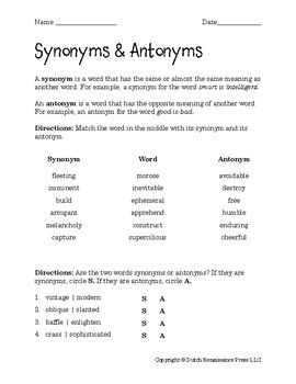 Antonyms Worksheet For Grade 5 Pdf