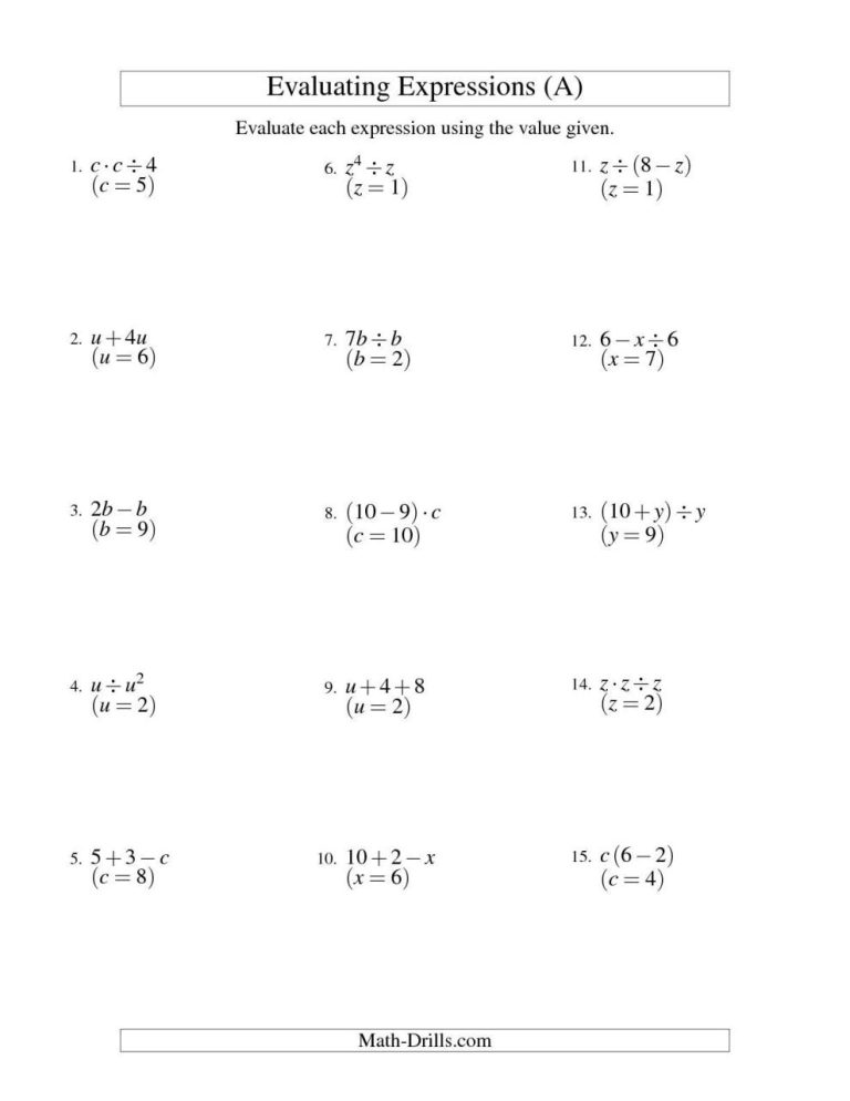 Evaluating Algebraic Expressions Worksheets 8th Grade