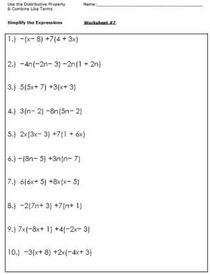 8th Grade Simplifying Algebraic Expressions Worksheet Answers