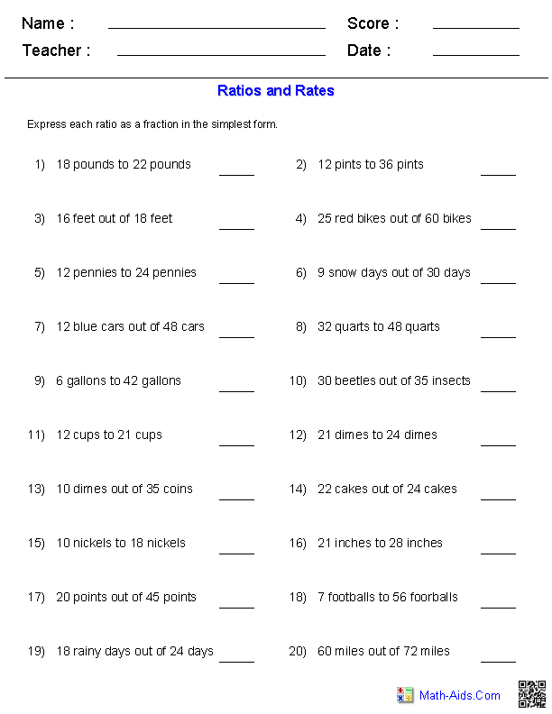 Grade 7 Ratios And Proportions Worksheet
