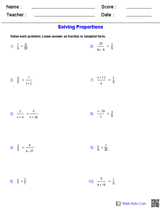 Printable 7th Grade Proportions Worksheet