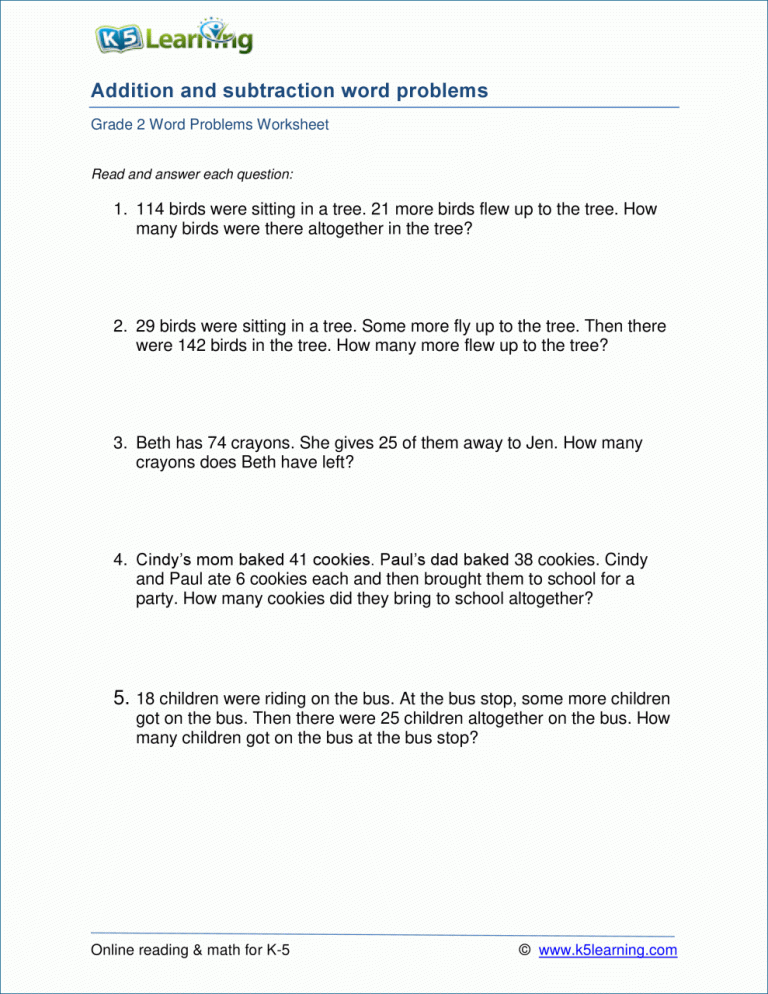 Addition Word Problems Worksheets For Grade 2