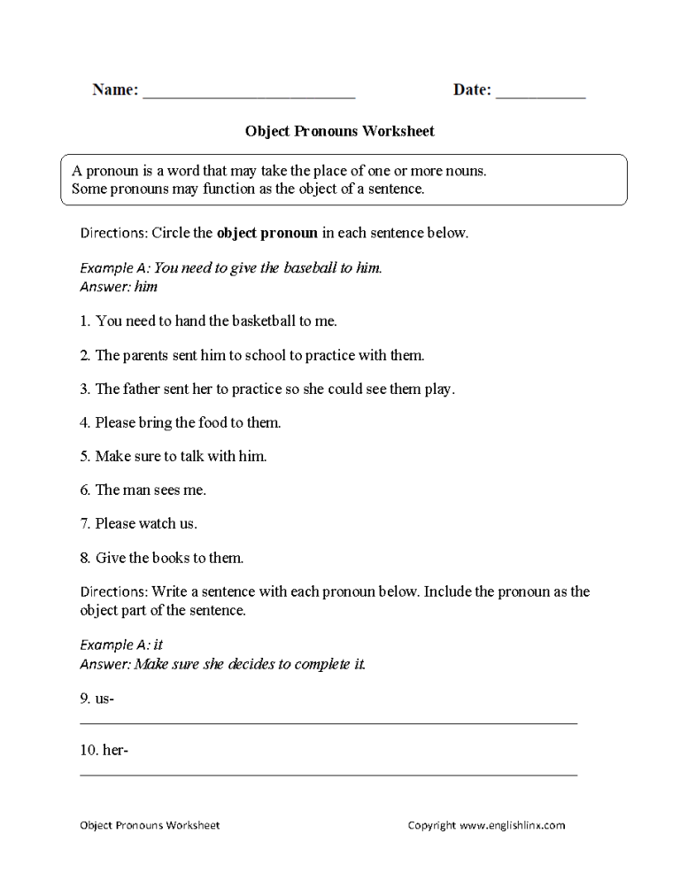 Subject And Object Pronouns Worksheet Answers