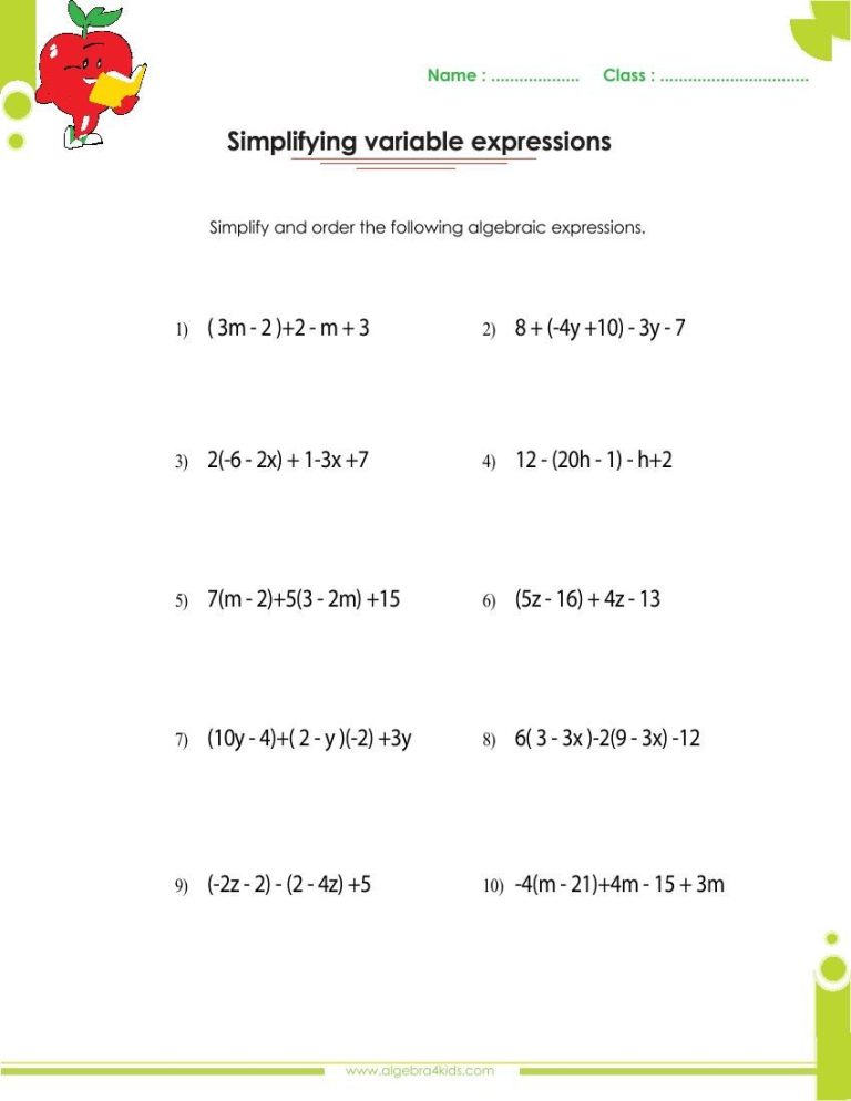 Basic Algebraic Expressions Worksheets Pdf