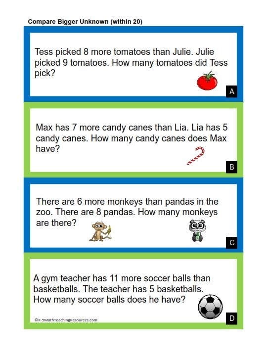 Comparison Word Problems 1st Grade Worksheets