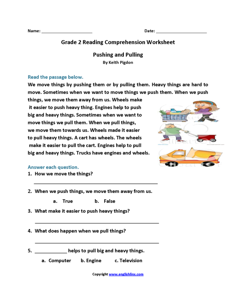 Reading Comprehension Printable Second Grade Worksheets