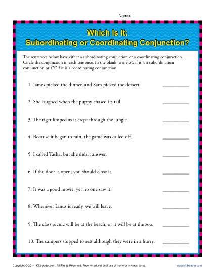 Subordinating Conjunctions Worksheet With Answers Pdf
