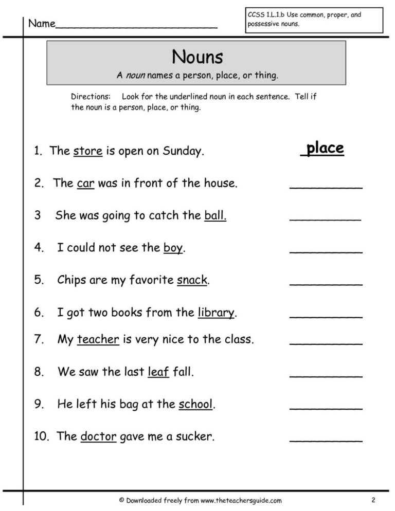 Noun Worksheet For Class 1 English Grammar
