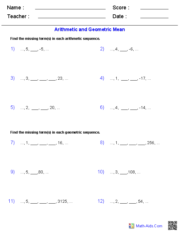 Arithmetic And Geometric Sequences Practice Worksheet Answer Key