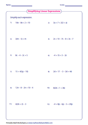 7th Grade Simplifying Algebraic Expressions Worksheets