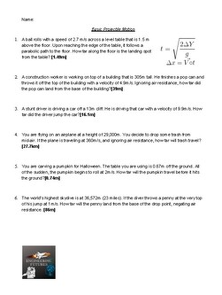 Projectile Motion Problems Worksheet Answers