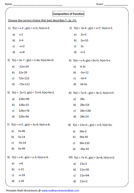 Algebra 2 Composition Of Functions Worksheet Answer Key