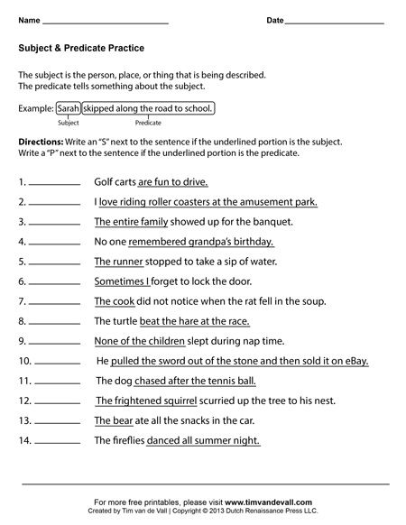4th Grade Subject And Predicate Worksheet With Answers