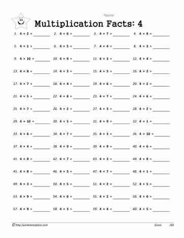 Multiplication Timed Test Printable 4's