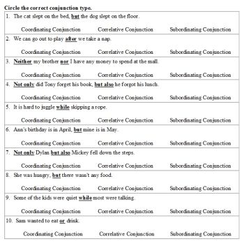 Coordinating And Subordinating Conjunctions Worksheet 7th Grade