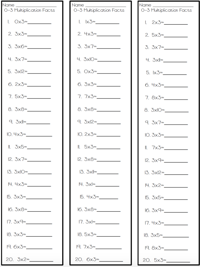 Multiplication Timed Test Printable 0-3