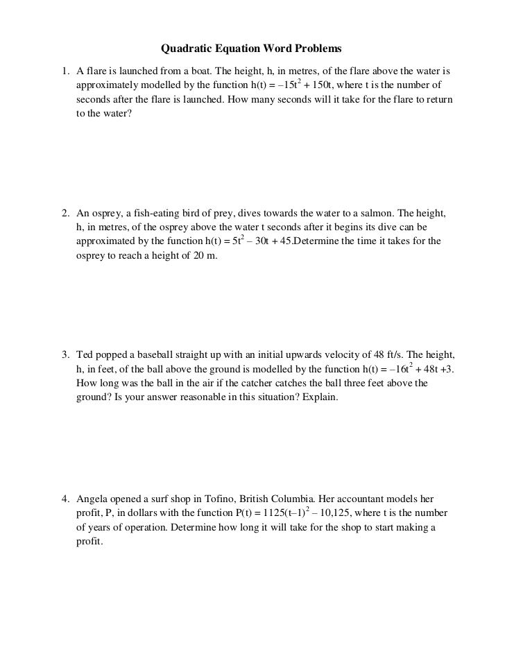 Quadratic Function Word Problems Worksheet With Answers