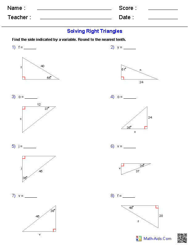 Answer Key Solving Right Triangles Worksheet Answers