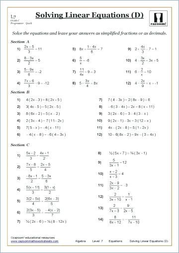 Solving Linear Equations Worksheet Grade 9