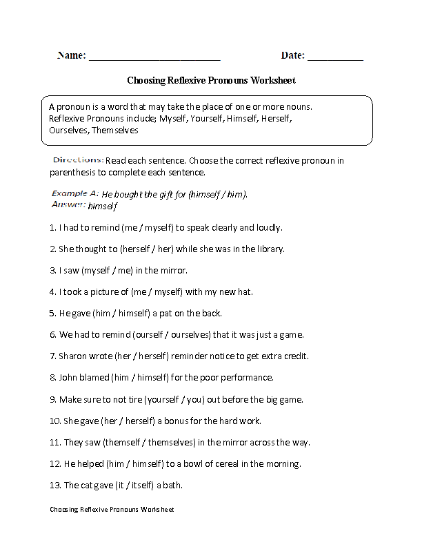 Grade 7 6th Grade Reflexive Pronouns Worksheets