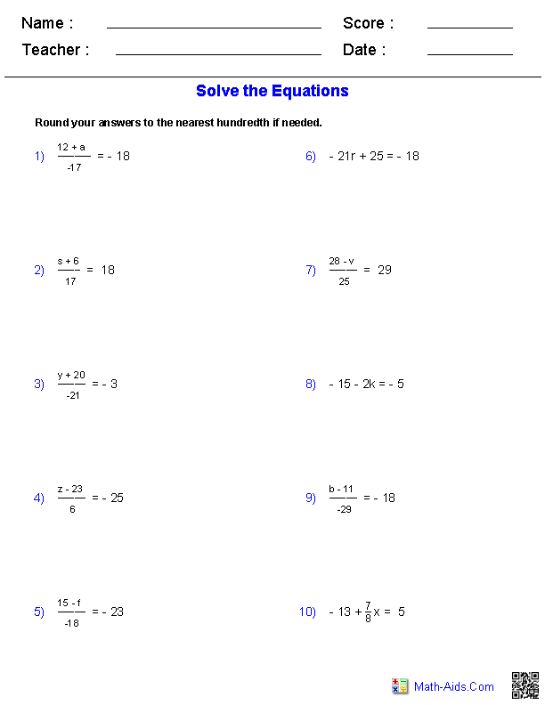 Two Step Equations Worksheet Algebra 1