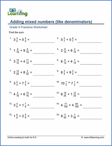 Grade Adding And Subtracting Mixed Numbers Worksheet