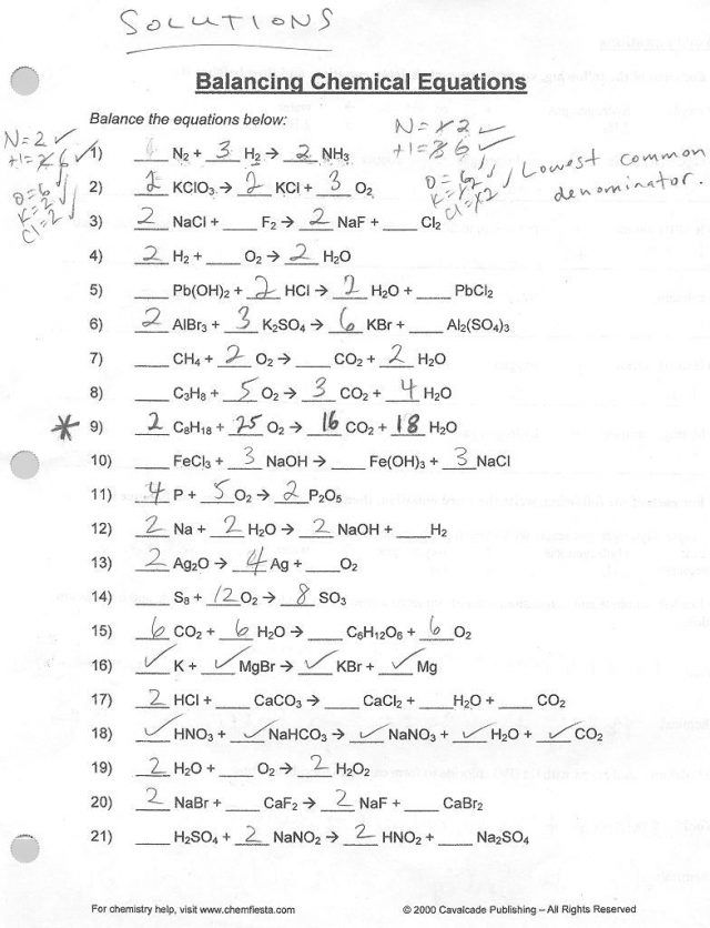 Chemistry Balancing Equations Practice Worksheet Answers