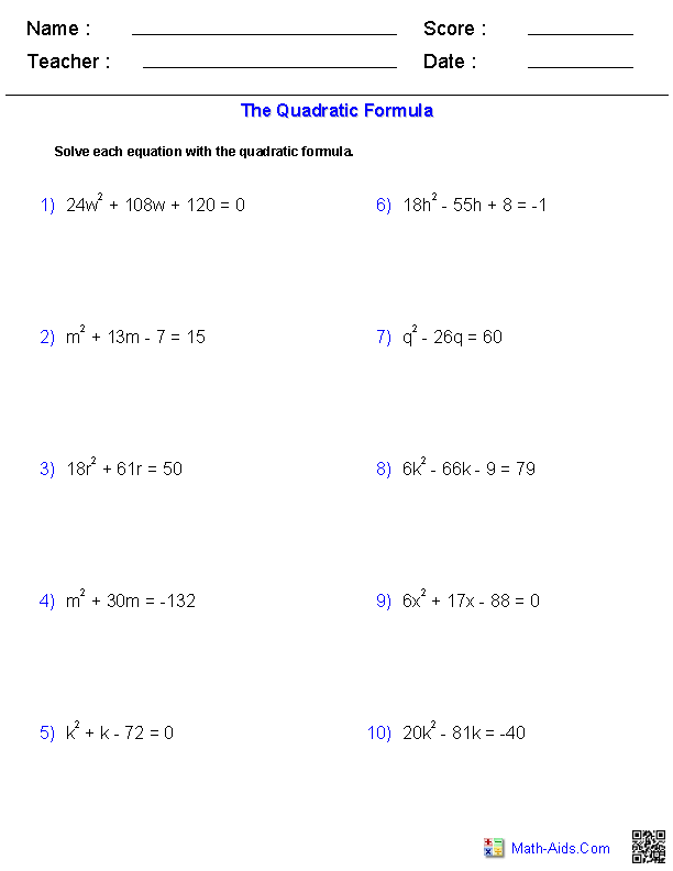 Solving Quadratic Equations Using The Quadratic Formula Worksheet