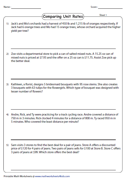 6th Grade Unit Rate Practice Worksheet