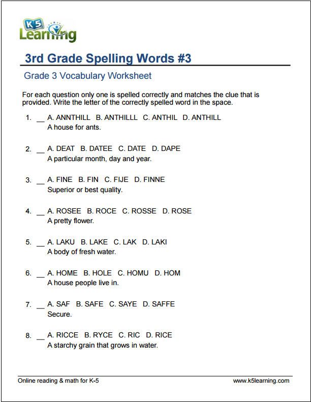 Spelling Grade 3 Worksheets English