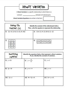 Algebra Direct Variation Worksheet Answer Key
