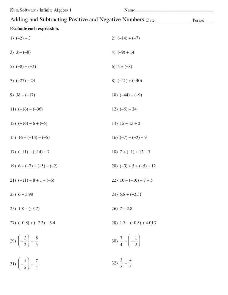 Adding And Subtracting Negative Mixed Numbers Worksheet