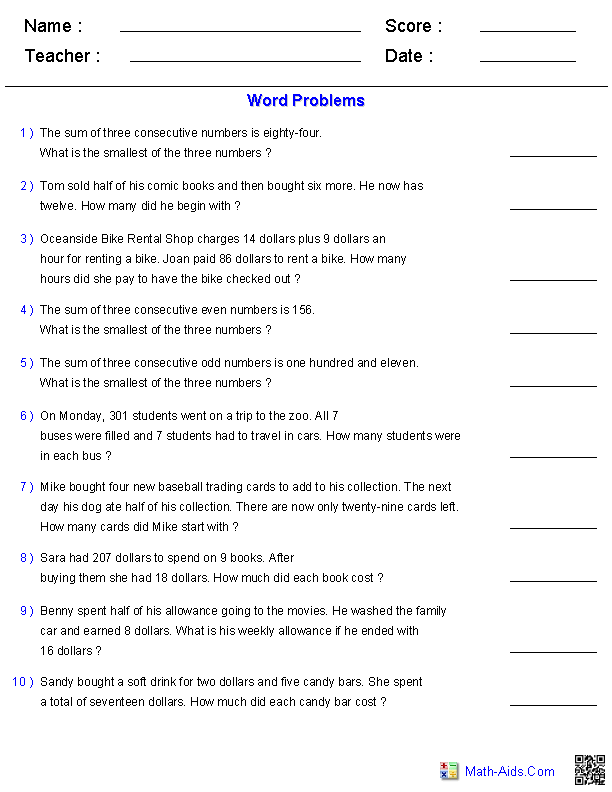 Two Step Algebra Equations Word Problems Worksheet