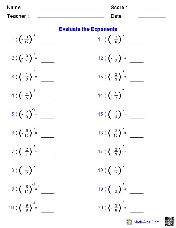 8th Grade Negative And Fractional Exponents Worksheet