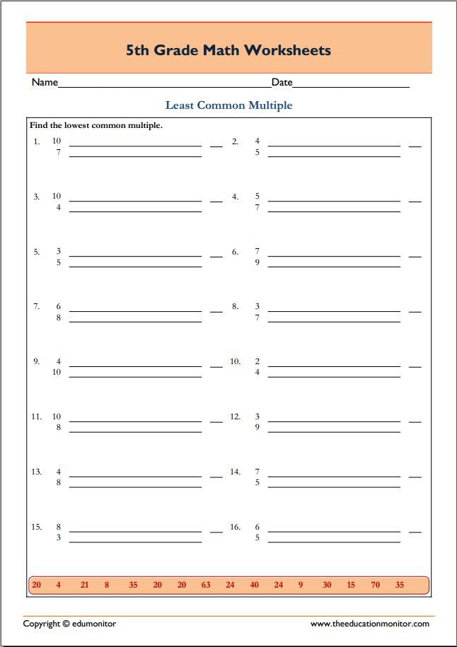 5th Grade Least Common Multiple Worksheet With Answers