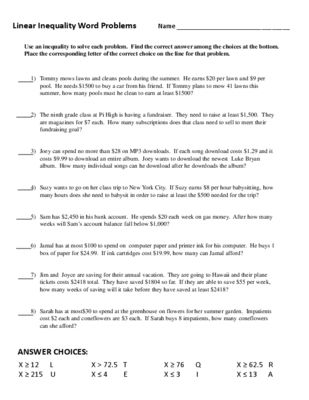 Linear Inequalities Word Problems Worksheet With Answers Pdf