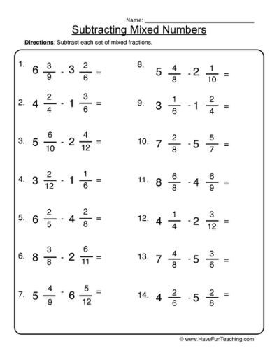 Adding And Subtracting Fractions And Mixed Numbers Worksheet