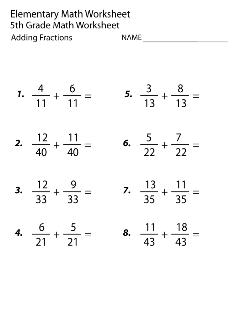 Fifth Grade 5th Grade Math Worksheets Fractions