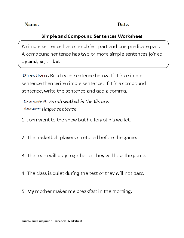 2nd Grade Simple And Compound Sentences Worksheet With Answers