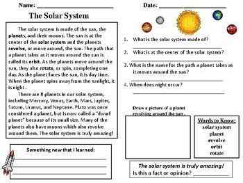 5th Grade Solar System Reading Comprehension Worksheets Pdf